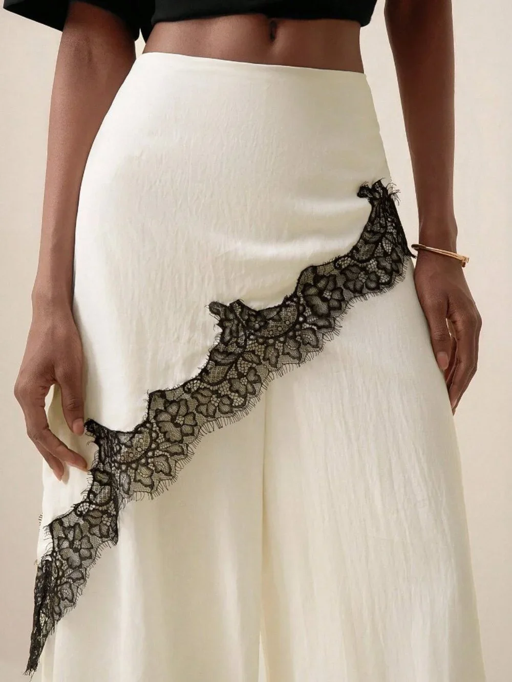 Apricot Casual Women's Contrast Lace Loose Wide Leg Pants